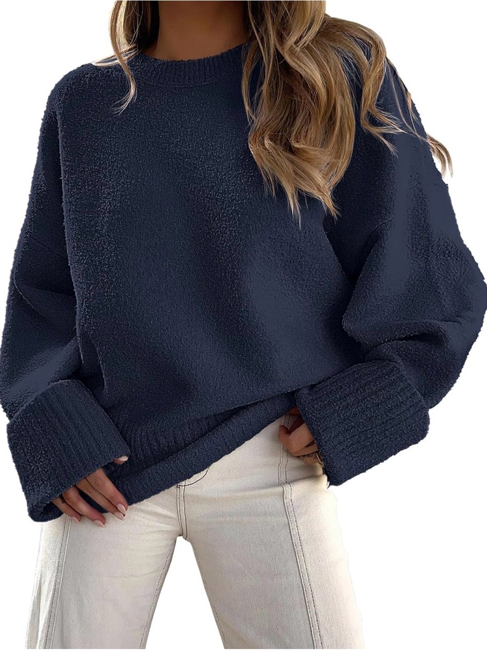 Prinbara Navy Oversized Fuzzy Crewneck Sweater